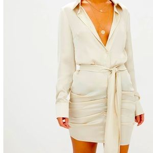 PLT Champagne Satin Ruched Shirt Dress